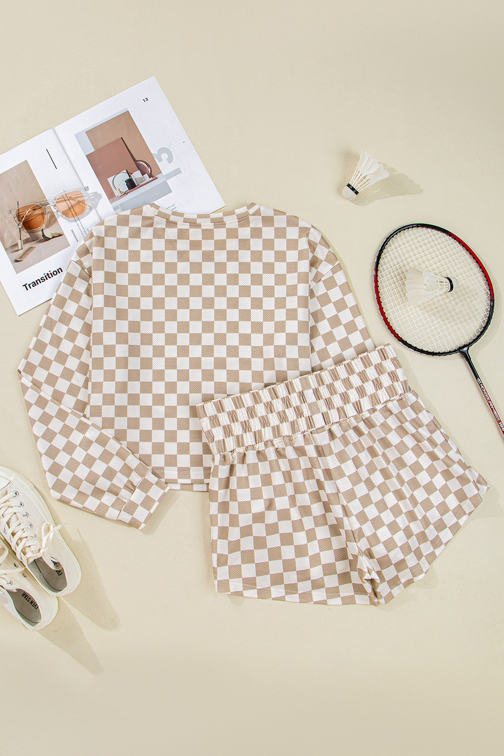 Emily Checkered Long Sleeve High Waist Skort 2pcs Set