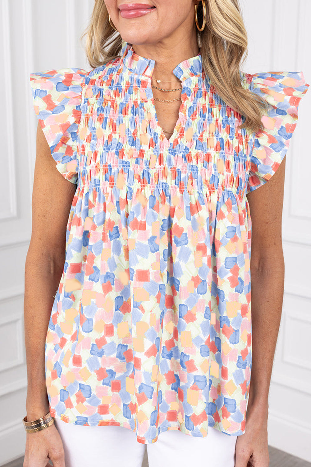 Abstract Shirred Ruffle Sleeve Blouse