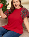 Plus Size Christmas Plaid Pearl Ruffle Sleeve Holiday T-shirt