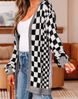 Checker Open Front Drop Shoulder Cardigan