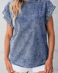 Kelly Acid Wash Pearl Embellishments Denim Top