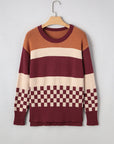 Checker Colorblock Knitted Drop Shoulder Sweater