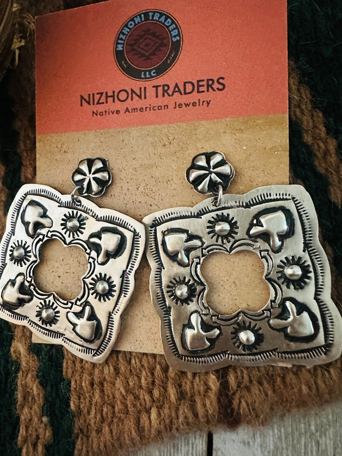 Navajo Hand Stamped Sterling Silver Concho Dangle Earrings by Leander Tahe