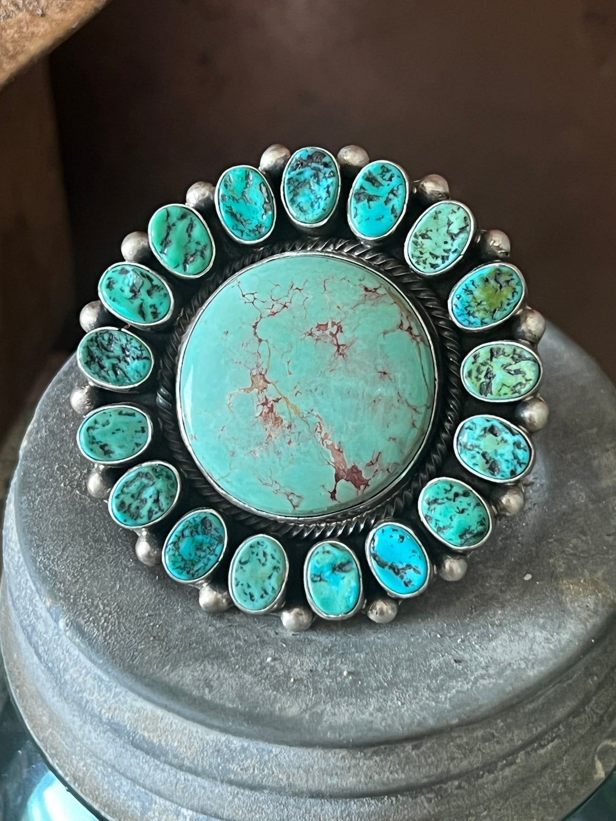 Navajo Sterling Silver Around The World Kingman Cluster Ring by B Yellowhorse, Size 7.5