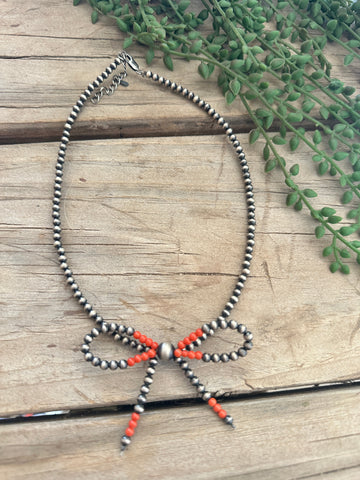 Handmade Sterling Silver Coral & Pearl Bow Tie Necklace | Unique Gift