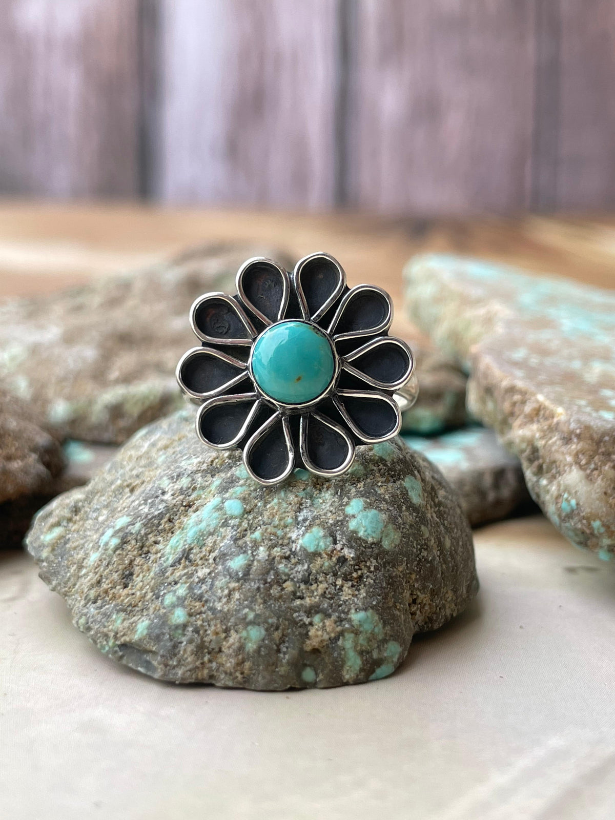Handmade Turquoise & Sterling Adjustable Circle Stone Flower Ring