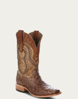 A4008 - MEN'S  BROWN EMBROIDERY WITH WOVEN DETAIL AND OVERLAY  FULL QUILL OSTRICH SQUARE TOE  COWBOY BOOT
