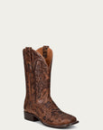 A4173 - MEN'S ALLIGATOR INLAY AND EMBROIDERY WIDE SQUARE TOE BROWN COWBOY BOOT