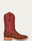 A4222 - MEN'S EMBROIDERY COGNAC ALLIGATOR VAMP AND COUNTER RED WIDE SQUARE-TOE COWBOY BOOT