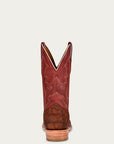 A4222 - MEN'S EMBROIDERY COGNAC ALLIGATOR VAMP AND COUNTER RED WIDE SQUARE-TOE COWBOY BOOT