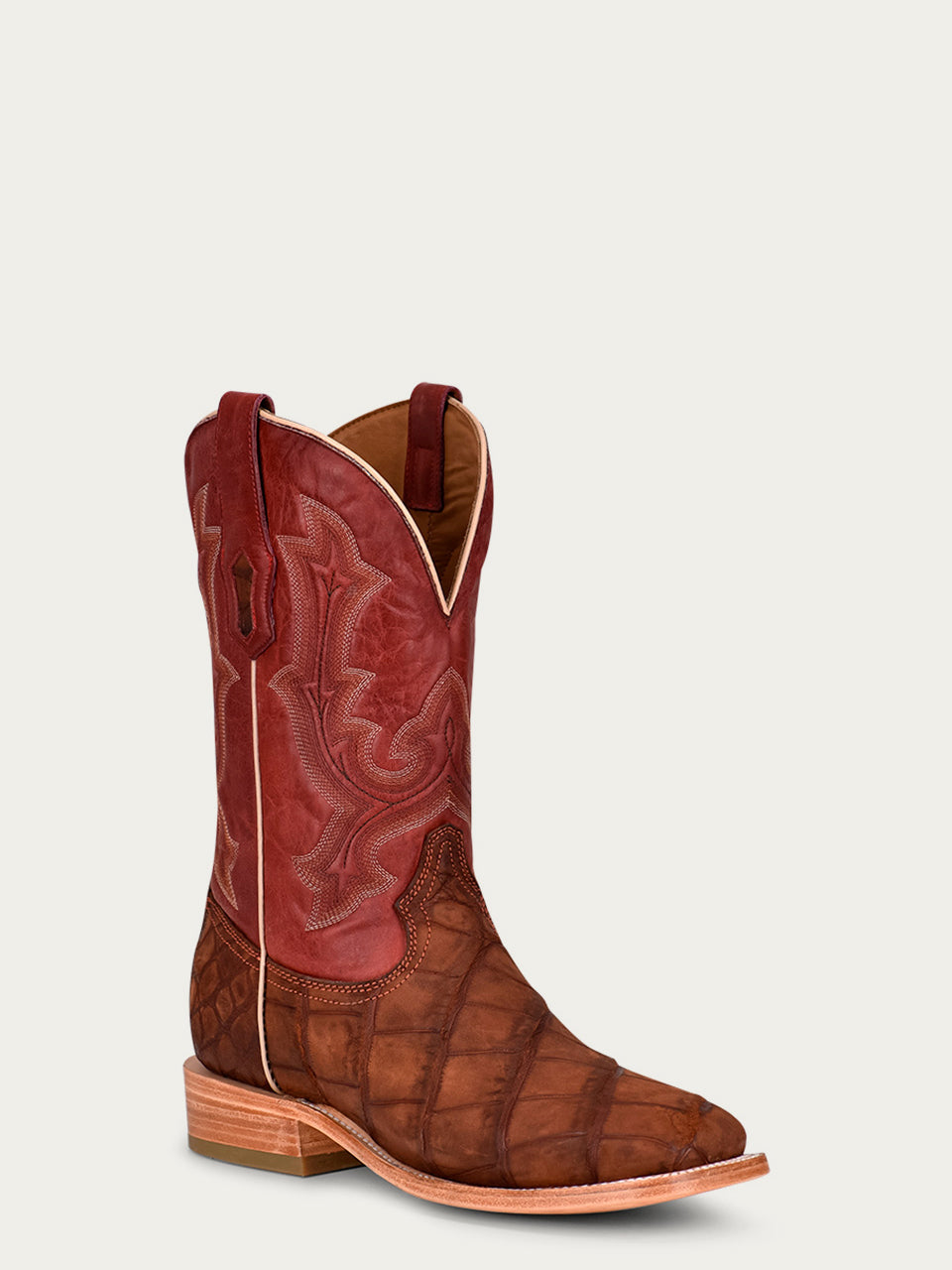 A4222 - MEN&#39;S EMBROIDERY COGNAC ALLIGATOR VAMP AND COUNTER RED WIDE SQUARE-TOE COWBOY BOOT