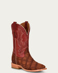 A4222 - MEN'S EMBROIDERY COGNAC ALLIGATOR VAMP AND COUNTER RED WIDE SQUARE-TOE COWBOY BOOT