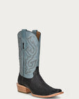 A4288 - MEN'S EMBROIDERY SHAFT GENUINE BLACK PYTHON VAMP NARROW SQUARE TOE BLUE COWBOY BOOT