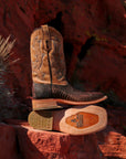 A4289 - MEN'S EMBROIDERY BROWN OSTRICH LEG VAMP WIDE SQUARE TOE SAND COWBOY BOOT