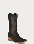 A4339 - MEN'S EMBROIDERY BLACK PIRARUCU FISH HORSEMAN TOE COWBOY BOOT