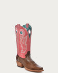 A4459 - WOMEN'S PINK GOAT EMBROIDERY BROWN SQUARE TOE COWBOY BOOT WITH PULL HOLES