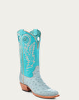 A4563 - WOMEN'S EMBROIDERY AND CUT OUT BLUE OSTRICH SQUARE TOE COWBOY BOOT