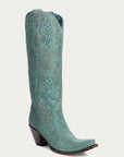 A4587 - WOMEN'S GOLD STAMPED FLORAL TURQOUISE SNIP TOE COWBOY BOOT