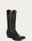 A4644 - MEN'S EMBROIDERY HONEY COWHIDE SHAFT GENIUNE BLACK PYTHON SNIP TOE COWBOY BOOT