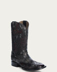 A4656 - MEN'S EMBROIDERY OVERLAY BLACK BONE WIDE SQUARE TOE COWBOY BOOT