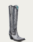 A4716 - WOMEN'S GENUINE FULL PYTHON BLACK AND SILVER TALL TOP SNIP TOE COWBOY BOOT