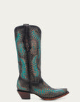 A4726 - WOMEN'S BLUE EMBROIDERY AND BRONZE STUDS BLACK SNIP TOE COWBOY BOOT