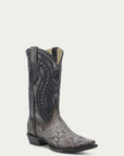 A4735 - MEN'S NATURAL PYTHON OVERLAY, EMBROIDERY AND WOVEN DETAIL BLACK SNIP TOE COWBOY BOOT