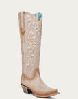 A4739 - WOMEN'S RUBBER APPLICATION IRIDESCENT PEARL EMBROIDERY SAND TALL TOP SNIP TOE COWBOY BOOT