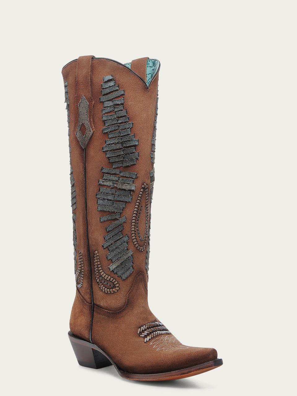 A4754 - WOMEN&#39;S DENIM WOVEN TALL TOP COGNAC SNIP TOE COWBOY BOOT