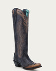 A4767 - WOMEN'S HONEY FEATHER EMBROIDERY WITH CRACKLED OVERLAY AND STUDS BLACK SNIP TOE COWBOY BOOT