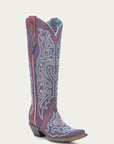A4772 - WOMEN'S BLUE AND WHITE CHAMELEON EFFECT EMBROIDERY AND CRYSTALS RED TALL TOP SNIP TOE COWBOY BOOT
