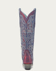 A4772 - WOMEN'S BLUE AND WHITE CHAMELEON EFFECT EMBROIDERY AND CRYSTALS RED TALL TOP SNIP TOE COWBOY BOOT
