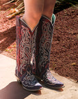 A4772 - WOMEN'S BLUE AND WHITE CHAMELEON EFFECT EMBROIDERY AND CRYSTALS RED TALL TOP SNIP TOE COWBOY BOOT