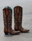 A4773 - WOMEN'S EMBROIDERY AND CRYSTALS CRACKLED TOBACCO TALL TOP SNIP TOE COWBOY BOOT