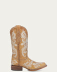 A4784 - WOMEN'S GLOW IN THE DARK WHITE FLORAL EMBROIDERY SAND SQUARE TOE COWBOY BOOT
