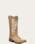 A4784 - WOMEN'S GLOW IN THE DARK WHITE FLORAL EMBROIDERY SAND SQUARE TOE COWBOY BOOT