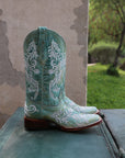 A4785 - WOMEN'S GLOW IN THE DARK WHITE FEATHERED FLORAL EMBROIDERY TURQUOISE SQUARE TOE COWBOY BOOT