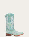 A4785 - WOMEN'S GLOW IN THE DARK WHITE FEATHERED FLORAL EMBROIDERY TURQUOISE SQUARE TOE COWBOY BOOT