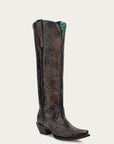 A4789 - WOMEN'S FLORAL EMBROIDERY BLACK AND HONEY SNIP TOE TALL TOP COWBOY BOOT
