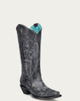 A4800 - WOMEN'S BLACK FLORAL EMBROIDERY SNIP TOE COWBOY BOOT