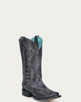 A4805 - WOMEN'S BLACK FLORAL EMBROIDERY SQUARE TOE COWBOY BOOT