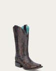 A4806 - WOMEN'S DARK HONEY FLORAL EMBROIDERY SQUARE TOE COWBOY BOOT