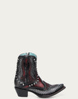 A4831 - WOMEN'S STUDED OVERLAY AND EMBROIDERY BLACK AND RED ANKLE SNIP TOE COWBOY BOOT WITH RUBBER SOLE