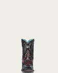 A4831 - WOMEN'S STUDED OVERLAY AND EMBROIDERY BLACK AND RED ANKLE SNIP TOE COWBOY BOOT WITH RUBBER SOLE