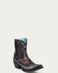 A4831 - WOMEN'S STUDED OVERLAY AND EMBROIDERY BLACK AND RED ANKLE SNIP TOE COWBOY BOOT WITH RUBBER SOLE