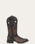 A4841 - WOMEN'S EMBROIDERY AND OVERLAY WITH RUBBER APPLICATIONS BAND BLACKED HONEY WIDE SQUARE TOE COWBOY BOOT WITH PULL HOLES