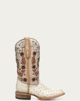 A4850 - WOMEN'S FLORAL AND HORSE-SHOE EMBROIDERY, WOVEN AND OVERLAY COWHIDE AND OSTRICH SQUARE TOE IVORY COWBOY BOOT