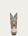 A4850 - WOMEN'S FLORAL AND HORSE-SHOE EMBROIDERY, WOVEN AND OVERLAY COWHIDE AND OSTRICH SQUARE TOE IVORY COWBOY BOOT
