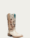 A4850 - WOMEN'S FLORAL AND HORSE-SHOE EMBROIDERY, WOVEN AND OVERLAY COWHIDE AND OSTRICH SQUARE TOE IVORY COWBOY BOOT