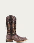 A4851 - WOMEN'S BROWN HORSHOE OVERLAY EMBROIDERY AND HANDWOVEN OSTRICH SQUARE TOE COWBOY BOOT